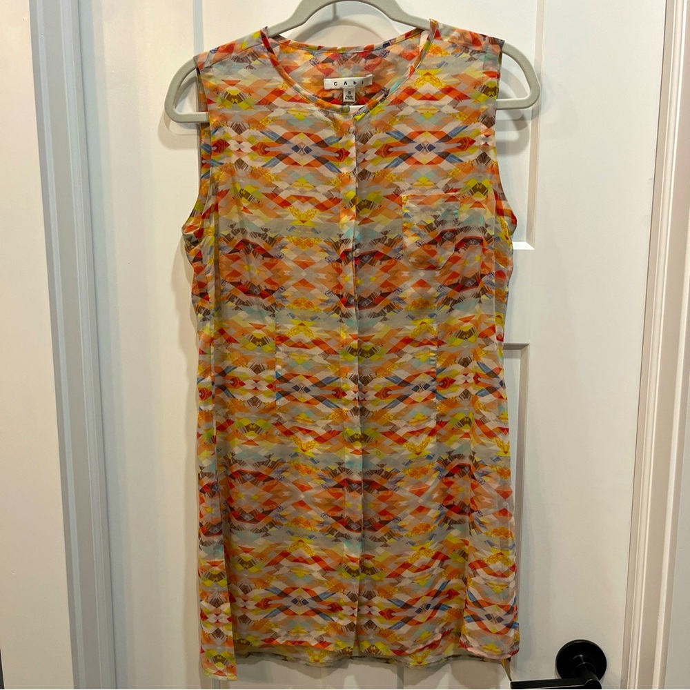 CAbi Women’s Multicolor Sleeveless Button Front Sheer Tunic‎ Blouse Size Small